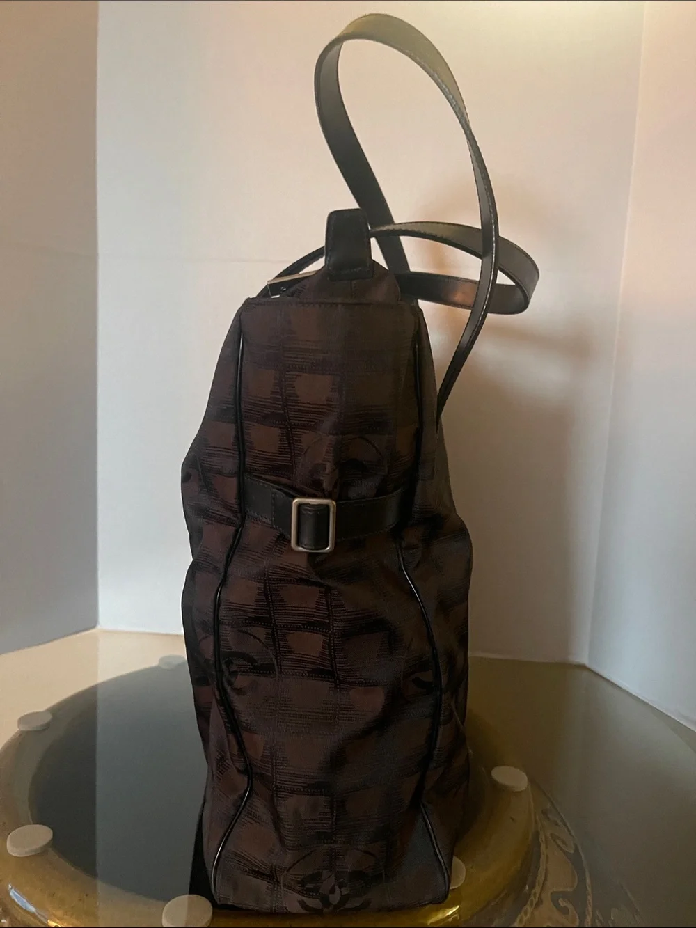 CHANEL Black and Brown Logo Jacquard Tote with Leather Handles